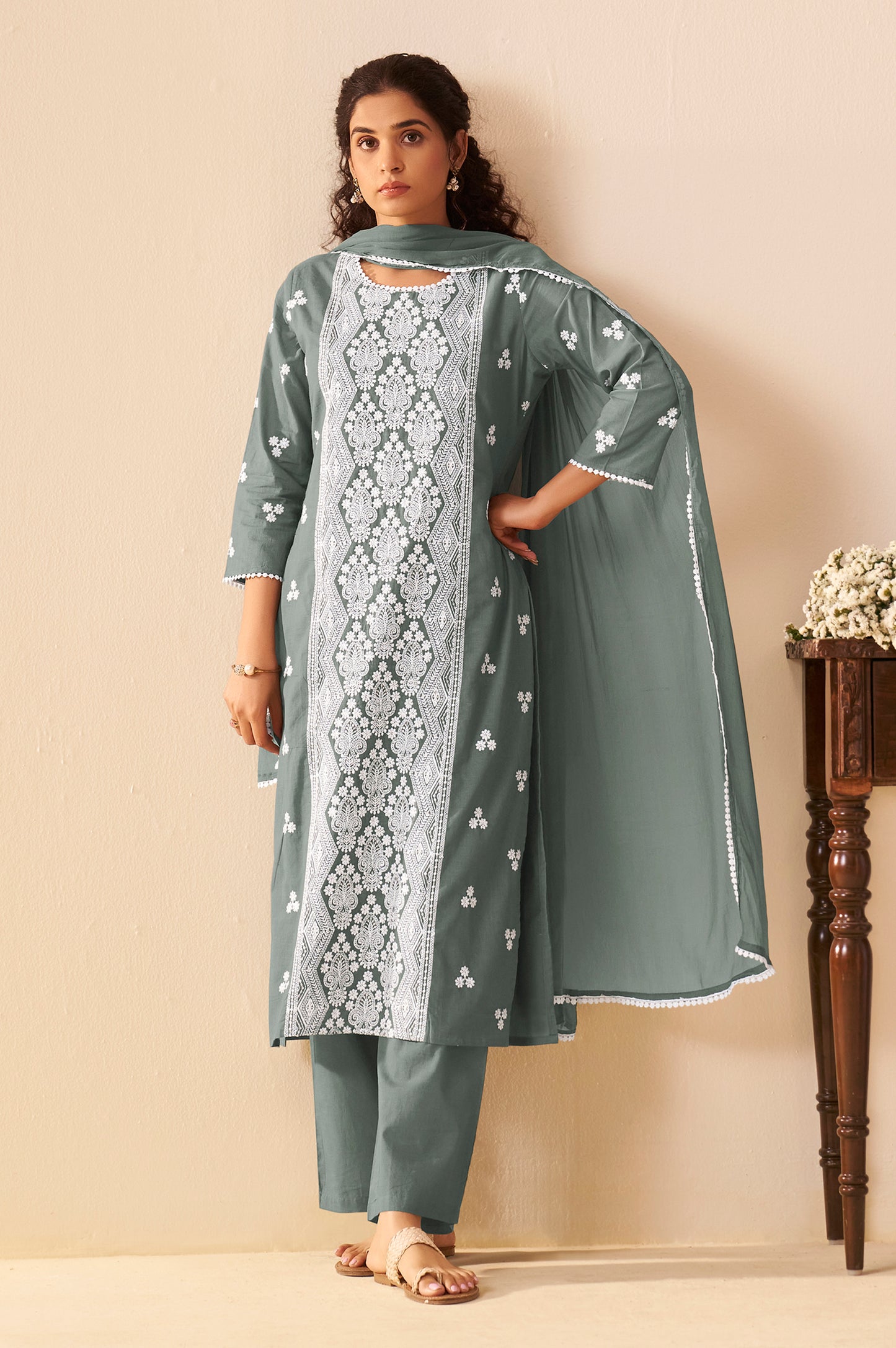 Grey Pure Cotton Schiffli Embroidered Straight Kurta Set with Cotton Pants, Inner & Najmin Chiffon Dupatta