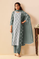Grey Pure Cotton Schiffli Embroidered Straight Kurta Set with Cotton Pants, Inner & Najmin Chiffon Dupatta
