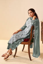 Grey Pure Cotton Schiffli Embroidered Straight Kurta Set with Cotton Pants, Inner & Najmin Chiffon Dupatta