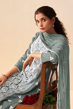 Grey Pure Cotton Schiffli Embroidered Straight Kurta Set with Cotton Pants, Inner & Najmin Chiffon Dupatta