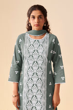 Grey Pure Cotton Schiffli Embroidered Straight Kurta Set with Cotton Pants, Inner & Najmin Chiffon Dupatta