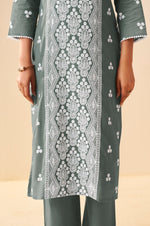 Grey Pure Cotton Schiffli Embroidered Straight Kurta Set with Cotton Pants, Inner & Najmin Chiffon Dupatta