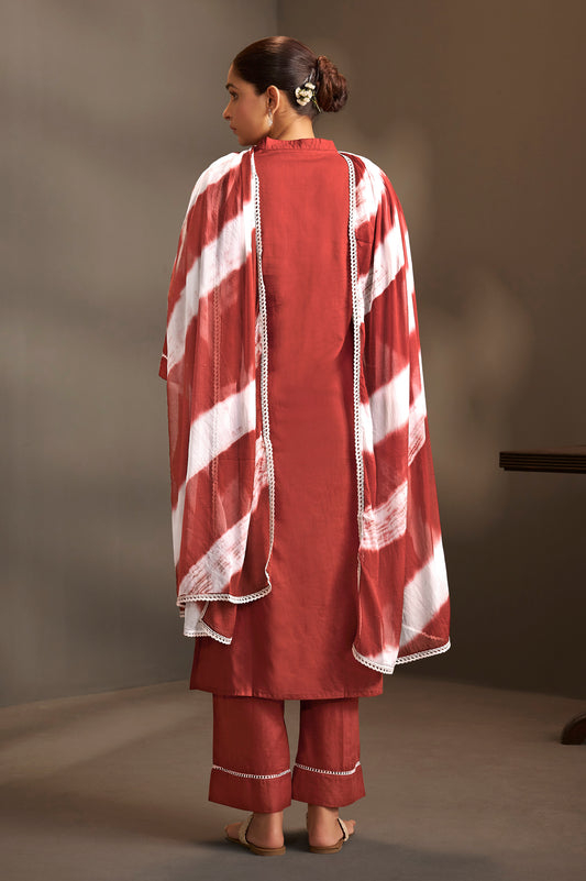 Maroon Pure Cotton Schiffli Embroidered Straight Kurta Set with Cotton Pants & Najmin Chiffon Dupatta