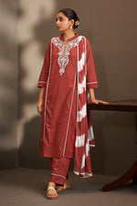 Maroon Pure Cotton Schiffli Embroidered Straight Kurta Set with Cotton Pants & Najmin Chiffon Dupatta