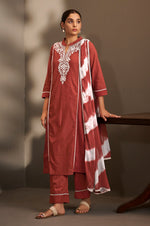 Maroon Pure Cotton Schiffli Embroidered Straight Kurta Set with Cotton Pants & Najmin Chiffon Dupatta