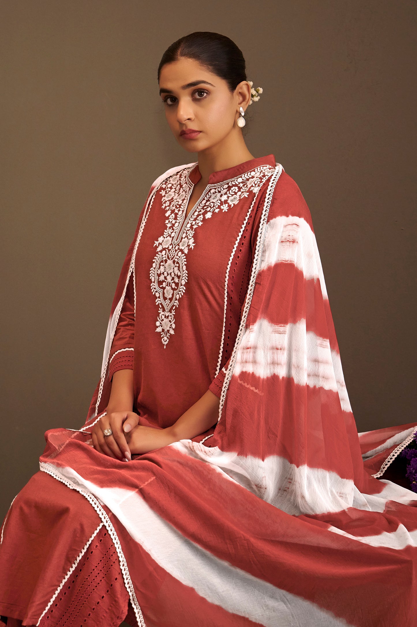 Maroon Pure Cotton Schiffli Embroidered Straight Kurta Set with Cotton Pants & Najmin Chiffon Dupatta