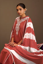 Maroon Pure Cotton Schiffli Embroidered Straight Kurta Set with Cotton Pants & Najmin Chiffon Dupatta