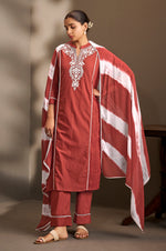 Maroon Pure Cotton Schiffli Embroidered Straight Kurta Set with Cotton Pants & Najmin Chiffon Dupatta