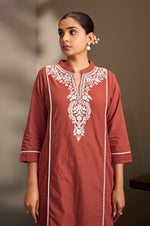 Maroon Pure Cotton Schiffli Embroidered Straight Kurta Set with Cotton Pants & Najmin Chiffon Dupatta