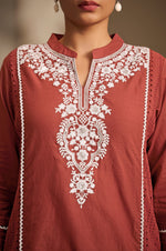 Maroon Pure Cotton Schiffli Embroidered Straight Kurta Set with Cotton Pants & Najmin Chiffon Dupatta