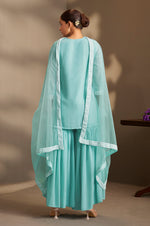 Women Sky Blue Georgette Schiffli Embroidered Straight Kurta with Sharara & Net Dupatta