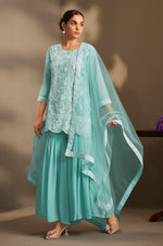 Women Sky Blue Georgette Schiffli Embroidered Straight Kurta with Sharara & Net Dupatta