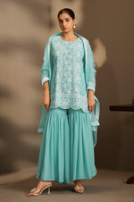Women Sky Blue Georgette Schiffli Embroidered Straight Kurta with Sharara & Net Dupatta