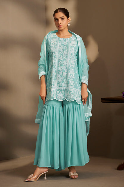 Women Sky Blue Georgette Schiffli Embroidered Straight Kurta with Sharara & Net Dupatta