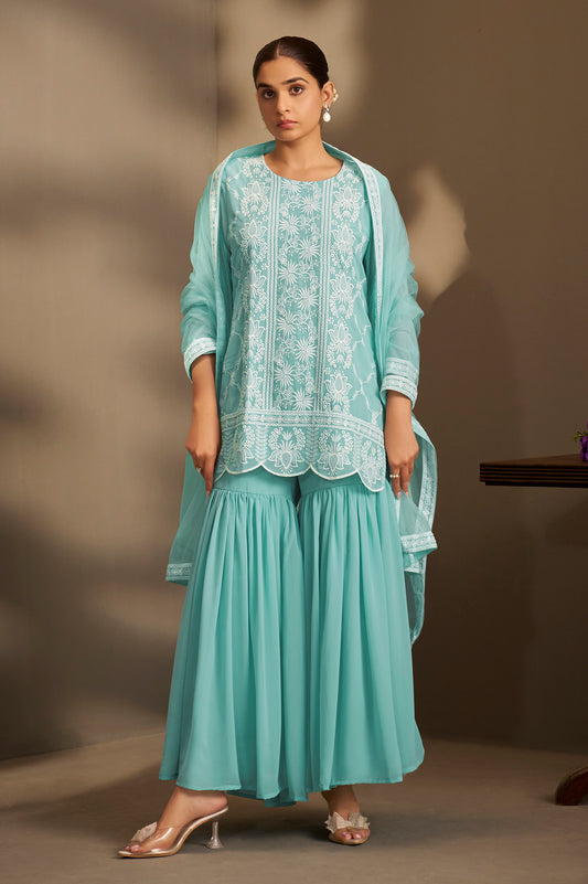 Women Sky Blue Georgette Schiffli Embroidered Straight Kurta with Sharara & Net Dupatta