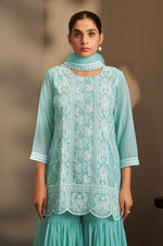Women Sky Blue Georgette Schiffli Embroidered Straight Kurta with Sharara & Net Dupatta