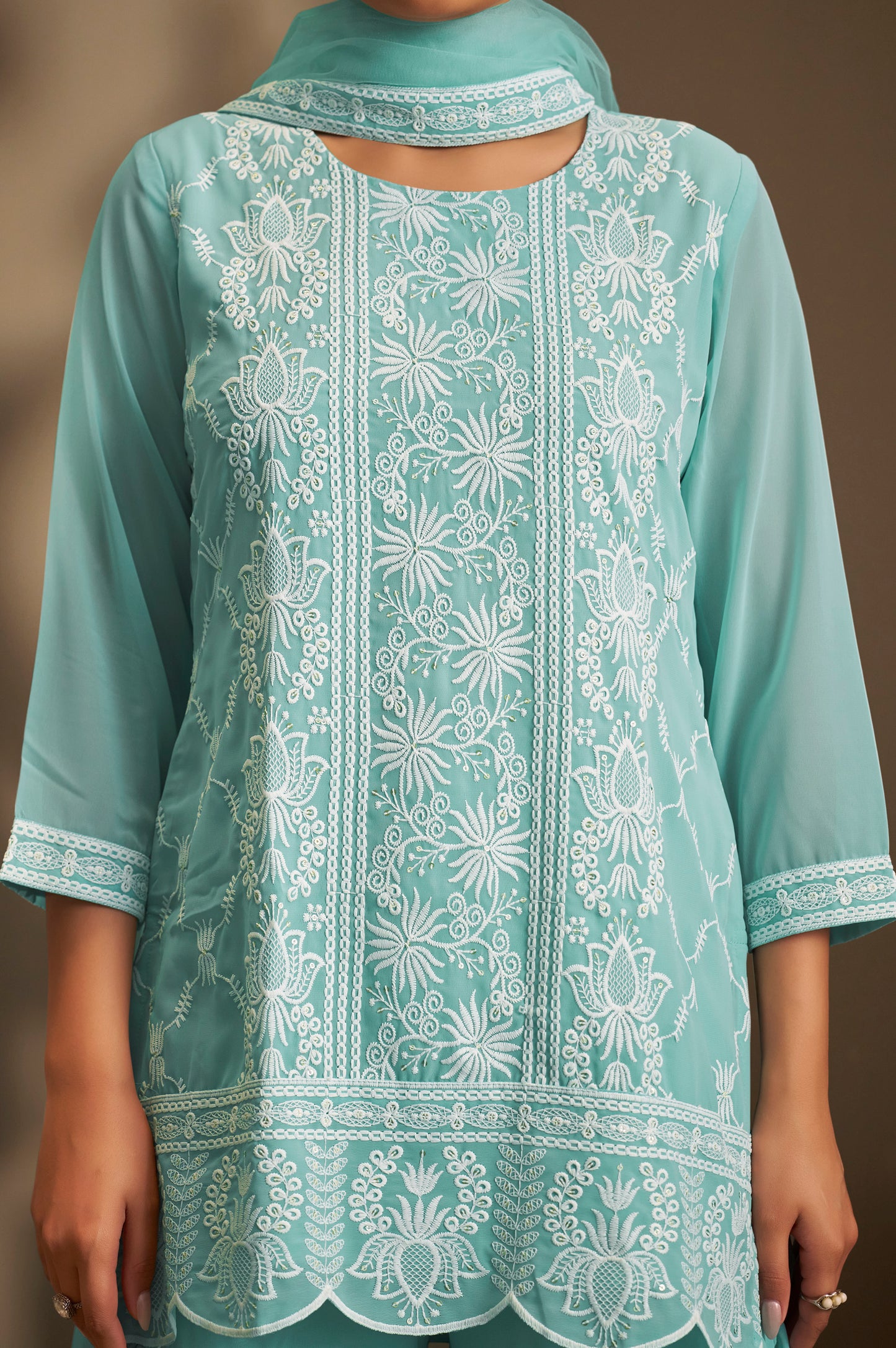 Women Sky Blue Georgette Schiffli Embroidered Straight Kurta with Sharara & Net Dupatta