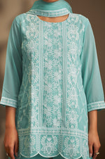 Women Sky Blue Georgette Schiffli Embroidered Straight Kurta with Sharara & Net Dupatta