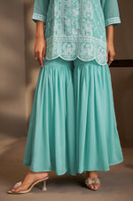 Women Sky Blue Georgette Schiffli Embroidered Straight Kurta with Sharara & Net Dupatta