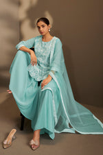 Women Sky Blue Georgette Schiffli Embroidered Straight Kurta with Sharara & Net Dupatta