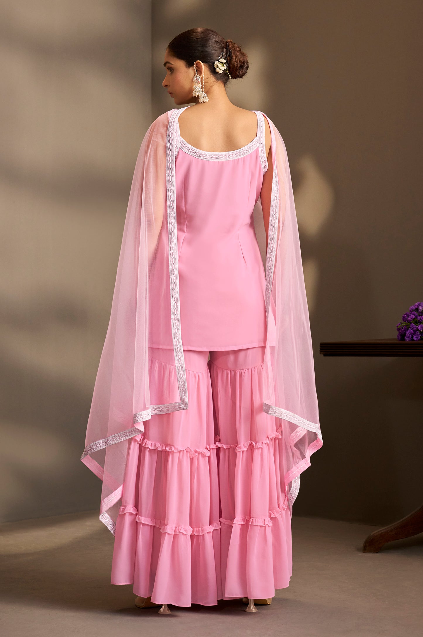 Women Pink Georgette Schiffli Embroidered Straight Kurta with Sharara & Net Dupatta