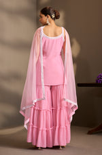 Women Pink Georgette Schiffli Embroidered Straight Kurta with Sharara & Net Dupatta