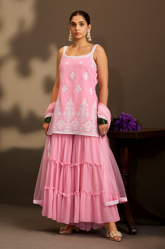 Women Pink Georgette Schiffli Embroidered Straight Kurta with Sharara & Net Dupatta