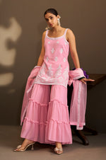 Women Pink Georgette Schiffli Embroidered Straight Kurta with Sharara & Net Dupatta