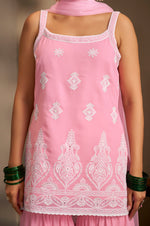 Women Pink Georgette Schiffli Embroidered Straight Kurta with Sharara & Net Dupatta