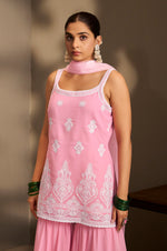 Women Pink Georgette Schiffli Embroidered Straight Kurta with Sharara & Net Dupatta