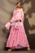 Women Pink Georgette Schiffli Embroidered Straight Kurta with Sharara & Net Dupatta