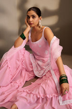 Women Pink Georgette Schiffli Embroidered Straight Kurta with Sharara & Net Dupatta