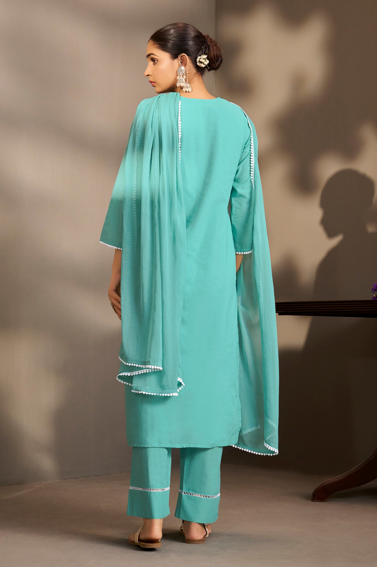 Sky Blue Pure Cotton Schiffli Embroidered Straight Kurta Set with Cotton Pants, Inner & Najmin Chiffon Dupatta