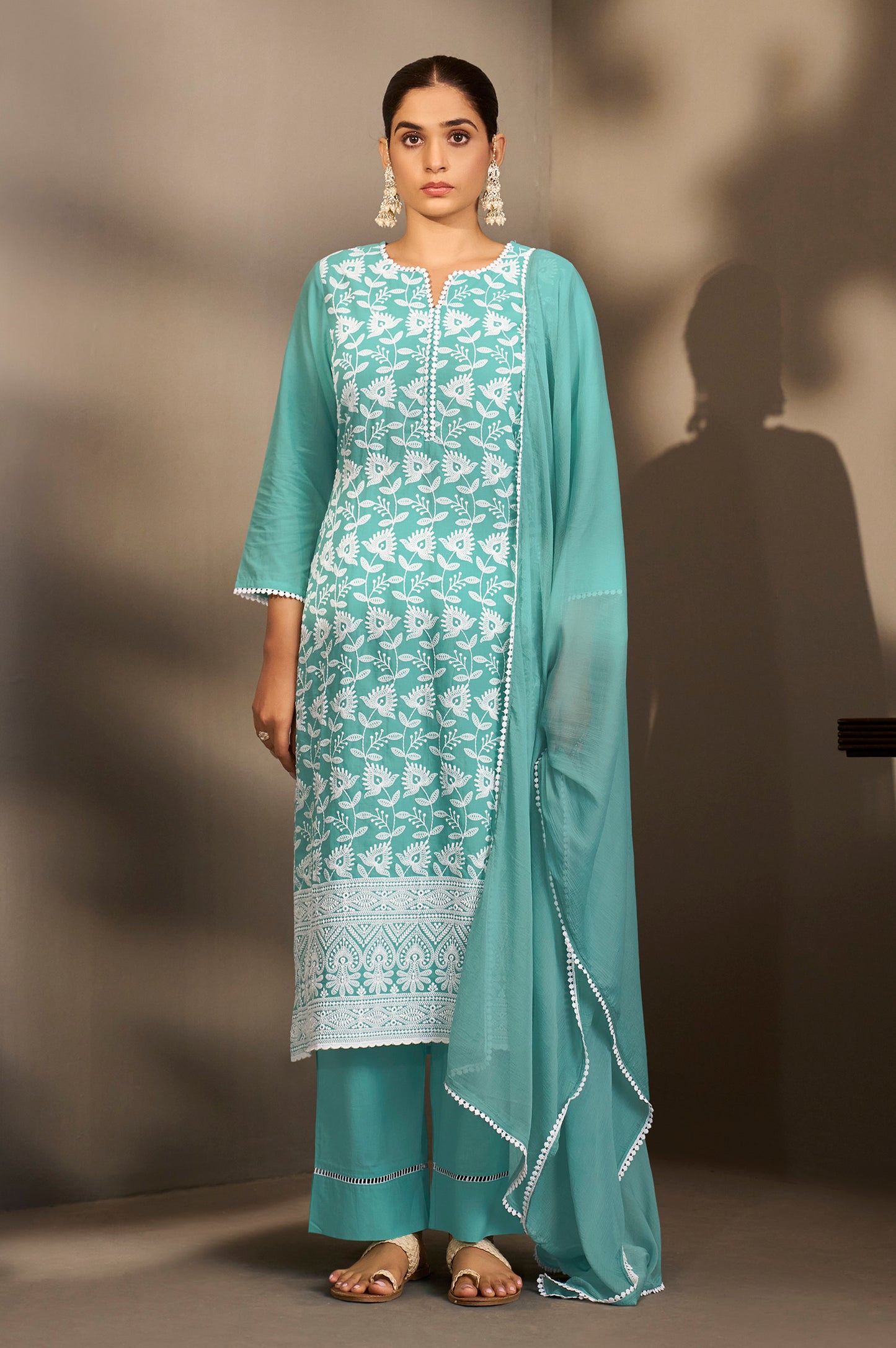 Sky Blue Pure Cotton Schiffli Embroidered Straight Kurta Set with Cotton Pants, Inner & Najmin Chiffon Dupatta