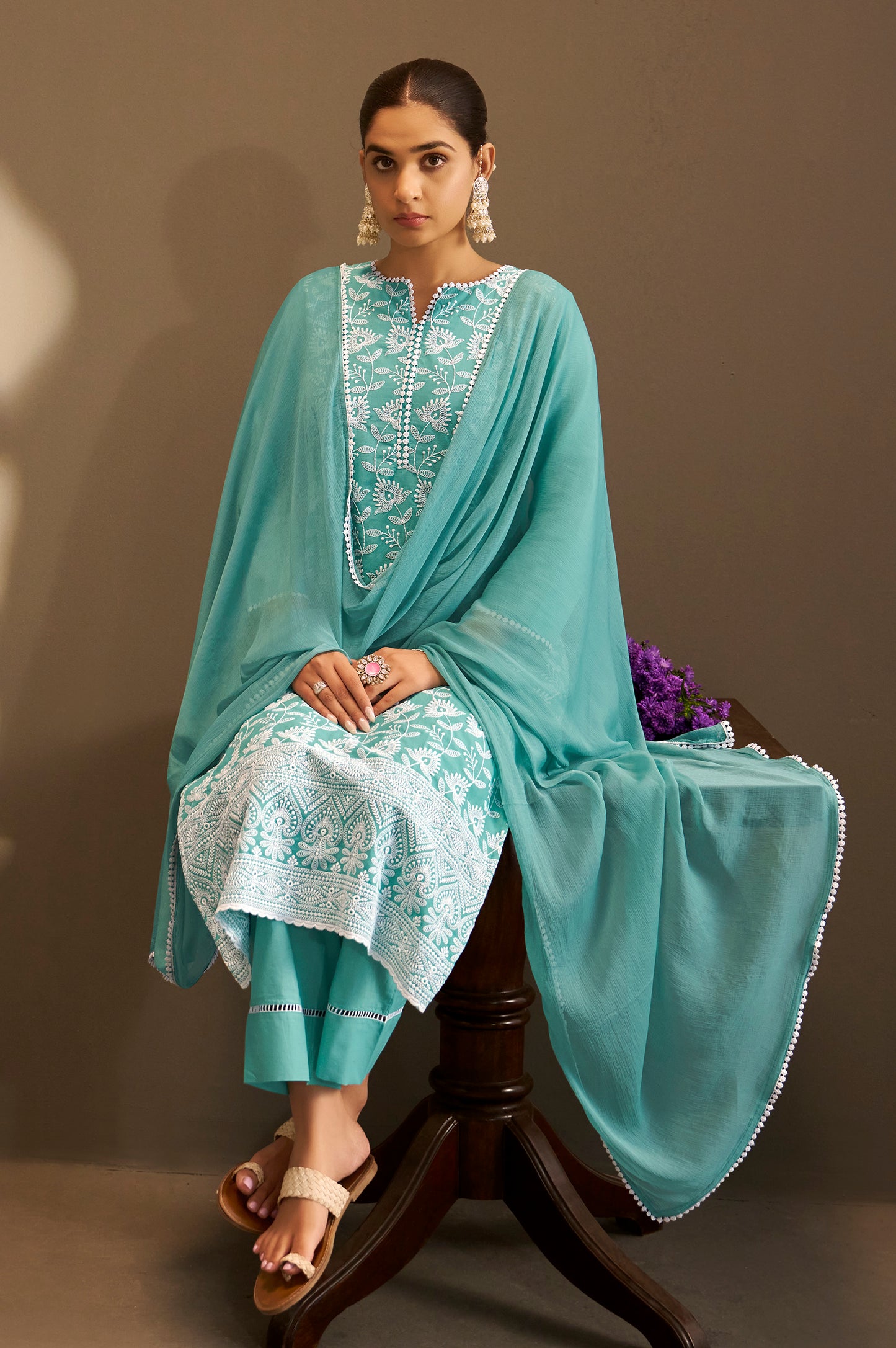 Sky Blue Pure Cotton Schiffli Embroidered Straight Kurta Set with Cotton Pants, Inner & Najmin Chiffon Dupatta