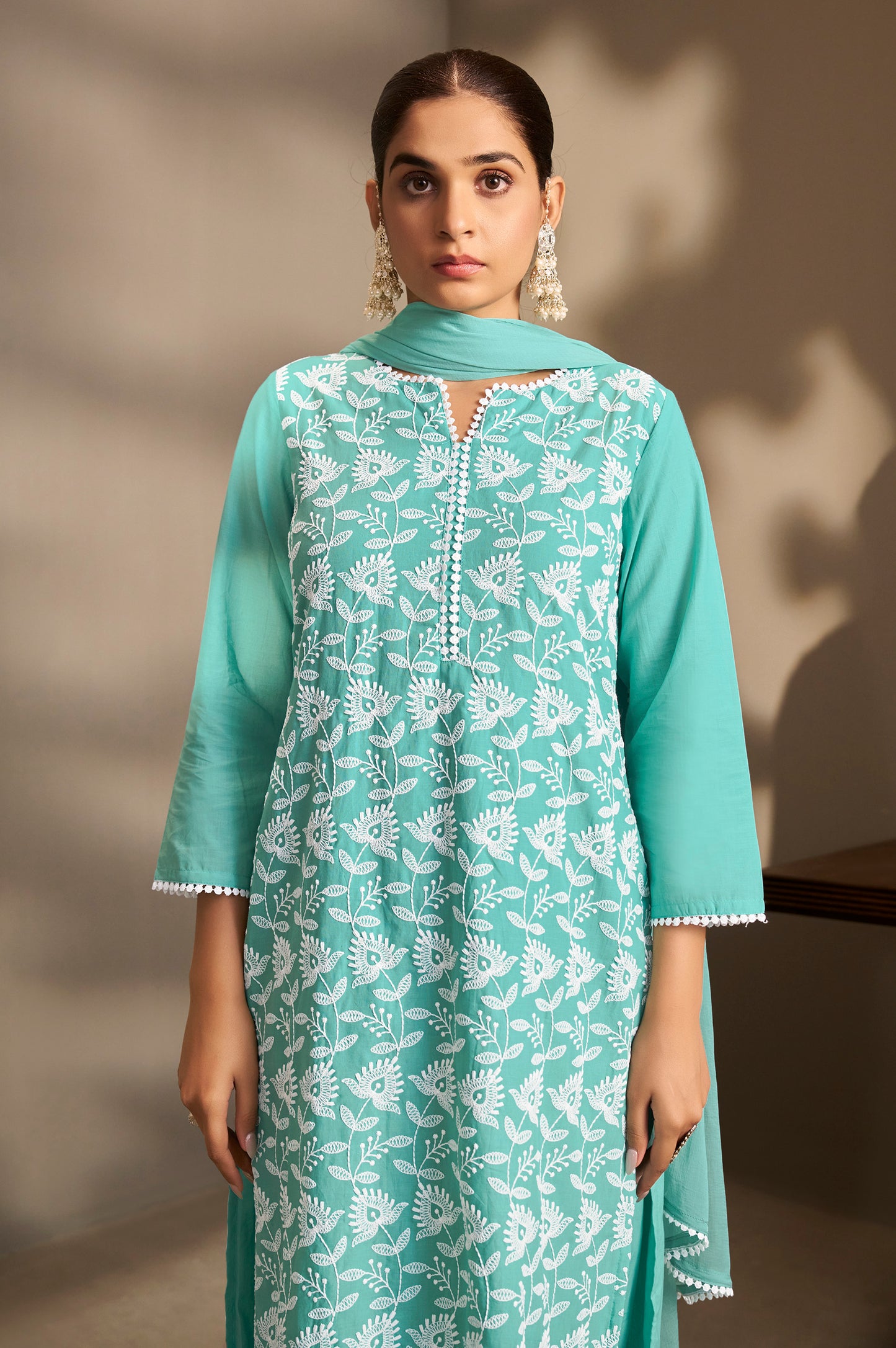 Sky Blue Pure Cotton Schiffli Embroidered Straight Kurta Set with Cotton Pants, Inner & Najmin Chiffon Dupatta
