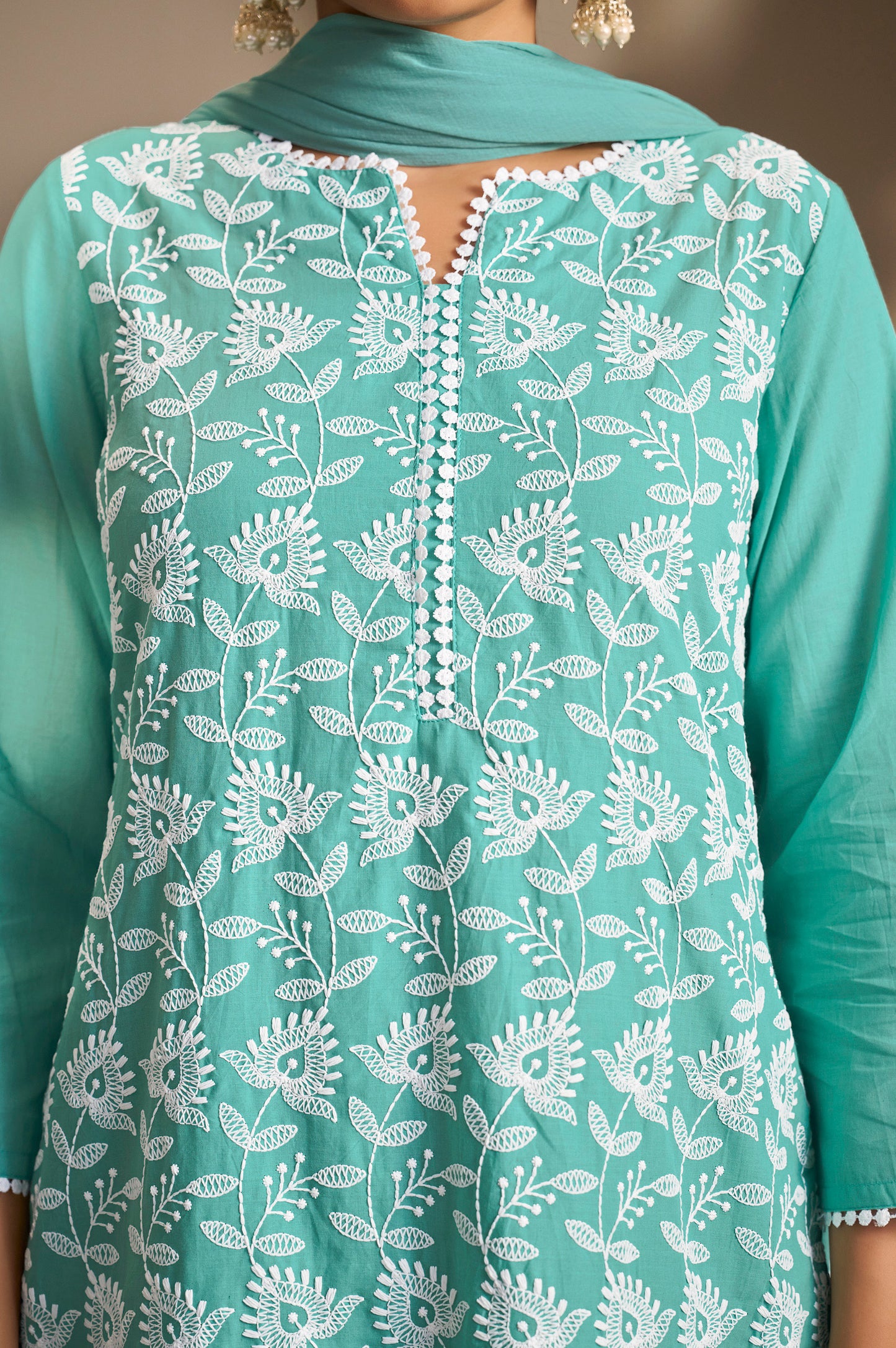 Sky Blue Pure Cotton Schiffli Embroidered Straight Kurta Set with Cotton Pants, Inner & Najmin Chiffon Dupatta