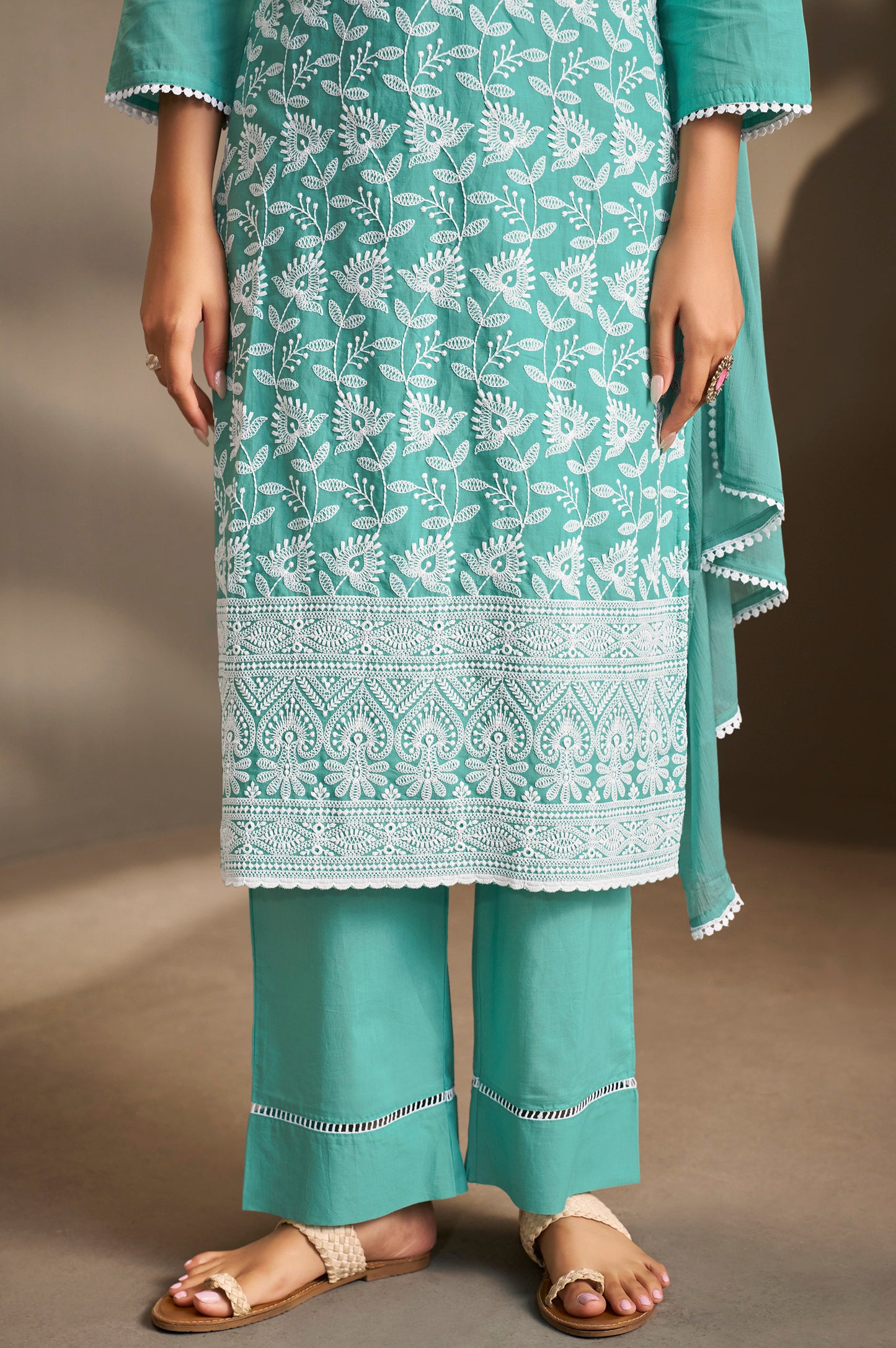 Sky Blue Pure Cotton Schiffli Embroidered Straight Kurta Set with Cotton Pants, Inner & Najmin Chiffon Dupatta