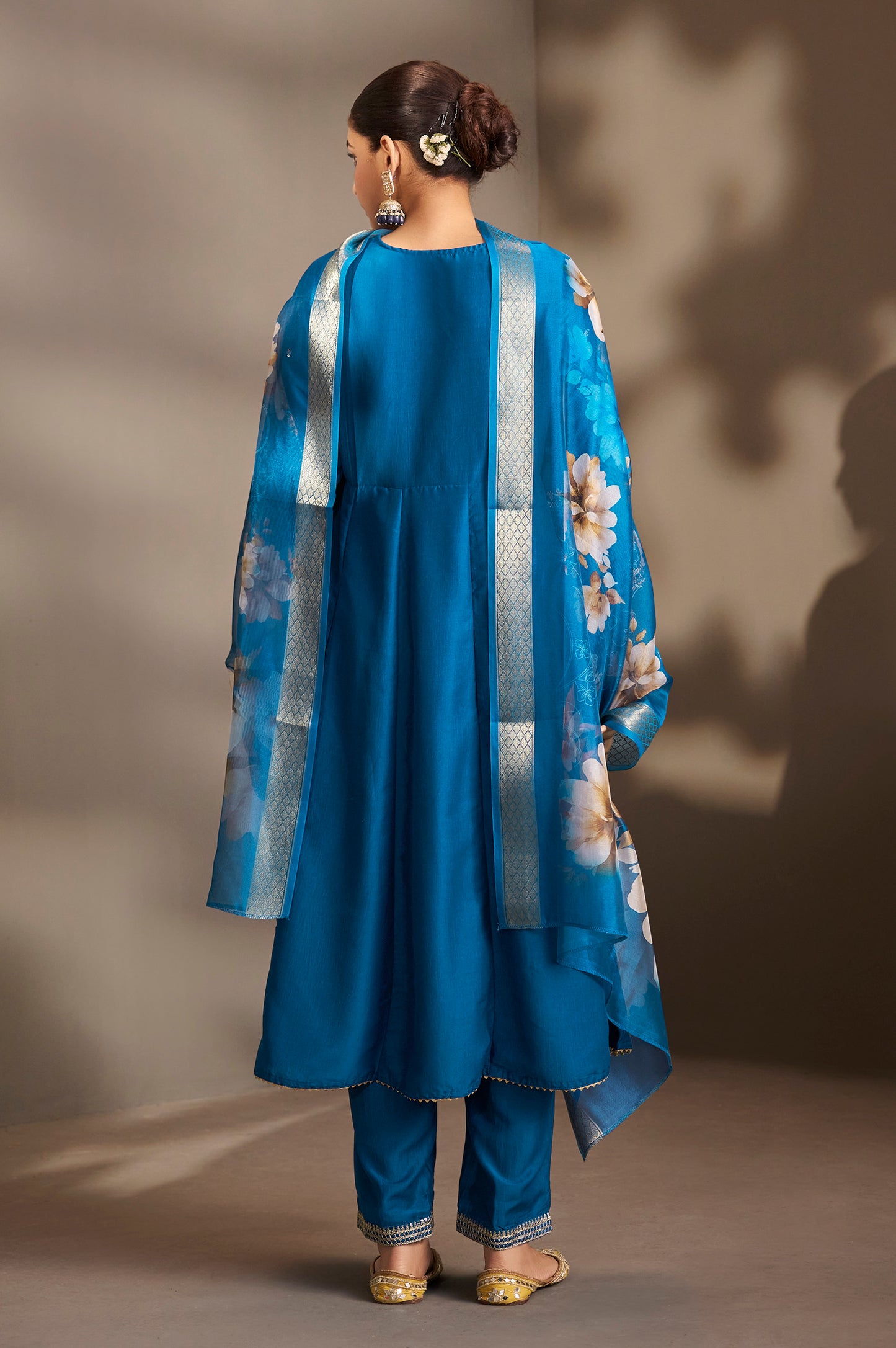 Women Blue Cotton Embroidered Straight Anarkali Kurta Set with Printed Organza Dupatta & Pants