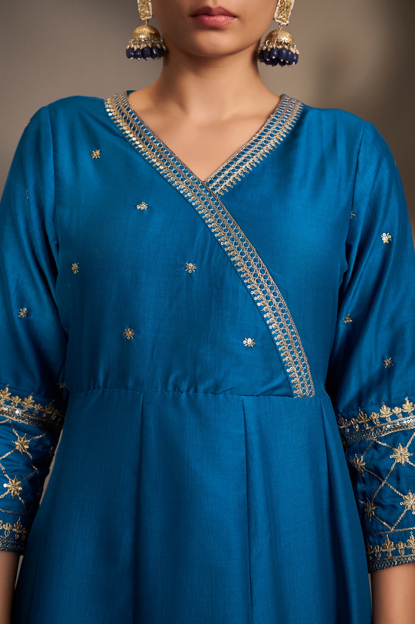Women Blue Cotton Embroidered Straight Anarkali Kurta Set with Printed Organza Dupatta & Pants