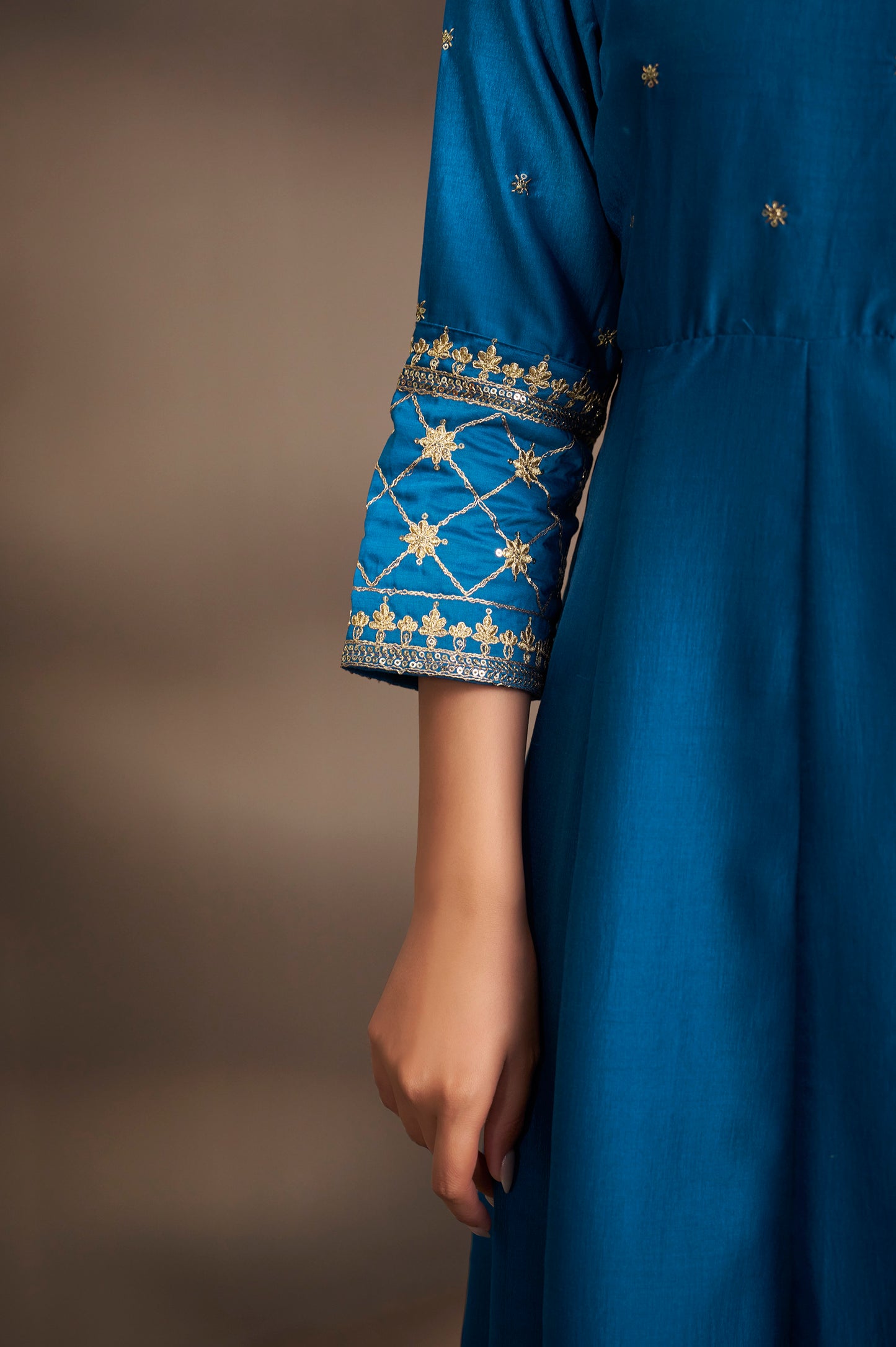 Women Blue Cotton Embroidered Straight Anarkali Kurta Set with Printed Organza Dupatta & Pants