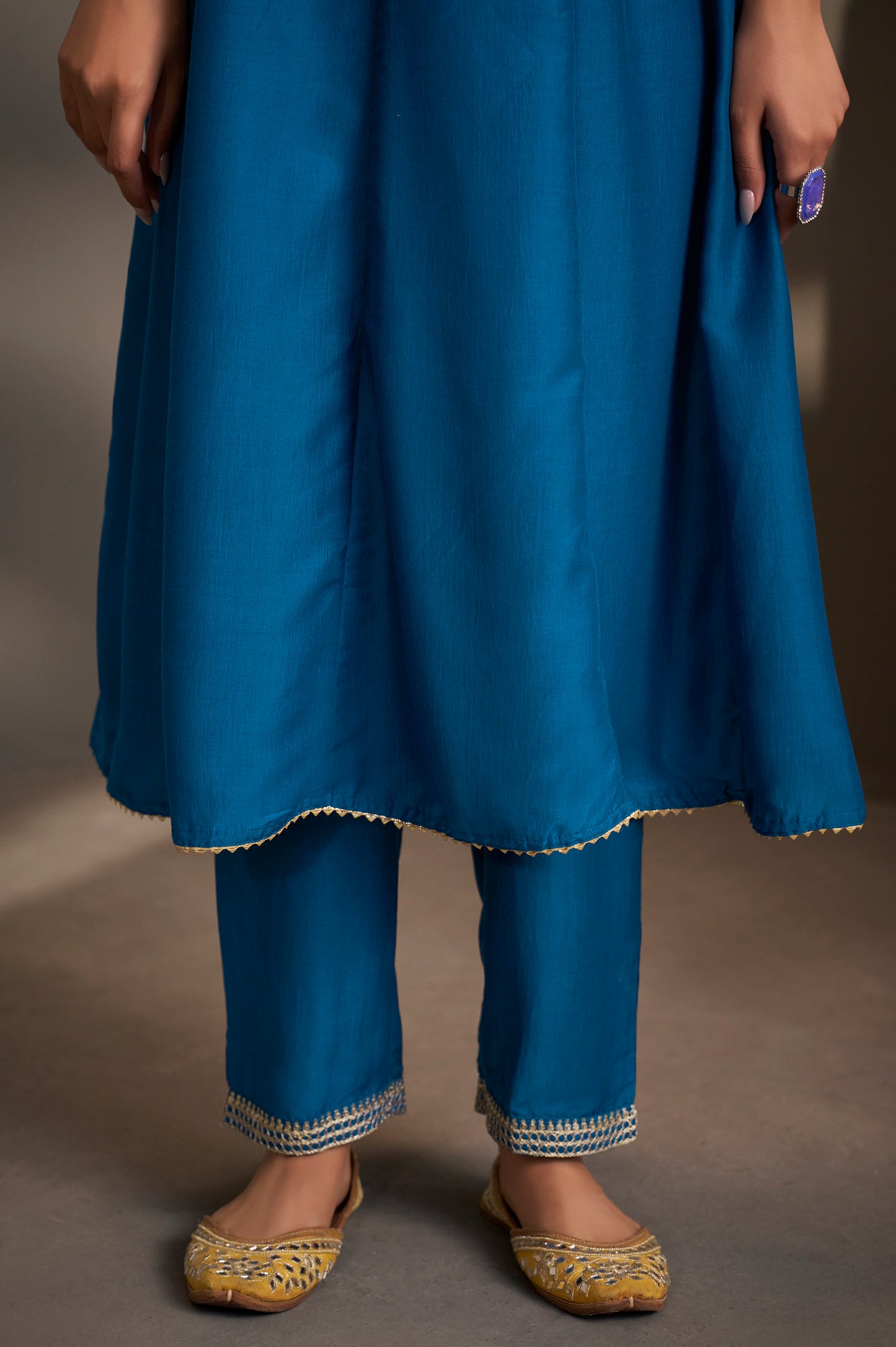 Women Blue Cotton Embroidered Straight Anarkali Kurta Set with Printed Organza Dupatta & Pants