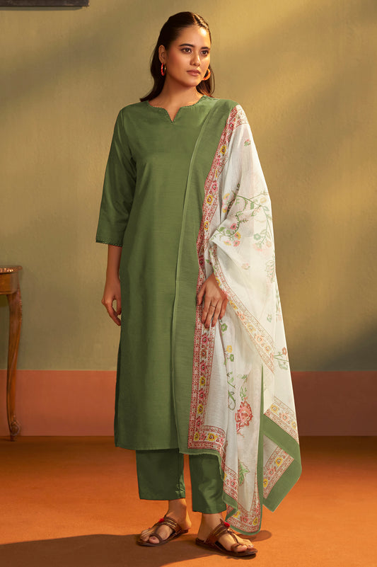 Women Green Cotton Calf-Length Kurta with Pant & Chanderi Printed Dupatta