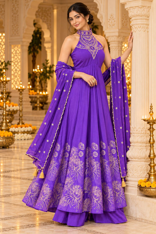 Designer Purple Russian Silk Halter Neck Anarkali Suit with Bottom & Dupatta