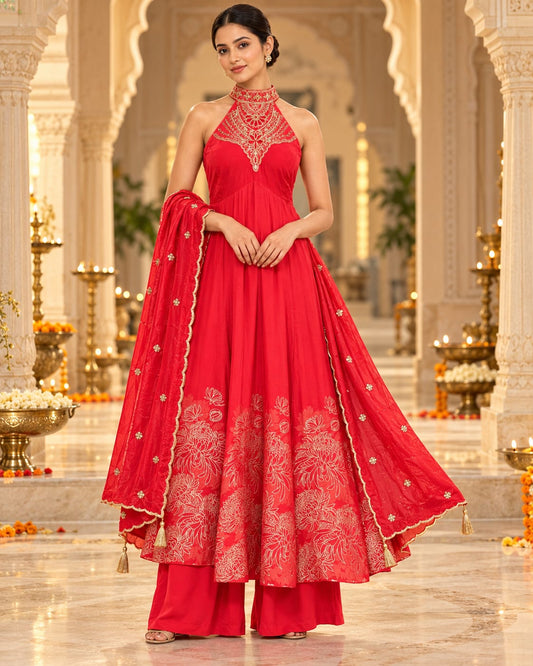 Designer Red Russian Silk Halter Neck Anarkali Suit with Bottom & Dupatta