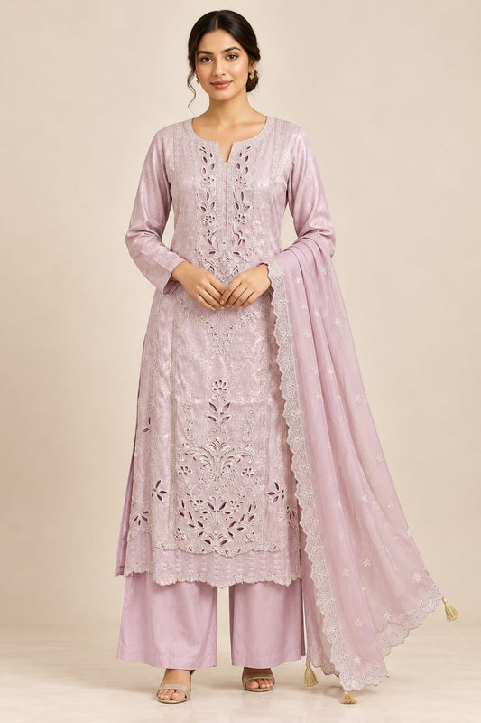 Lavender Tanchoi Jacquard Embroidered A-Line Kurta Set