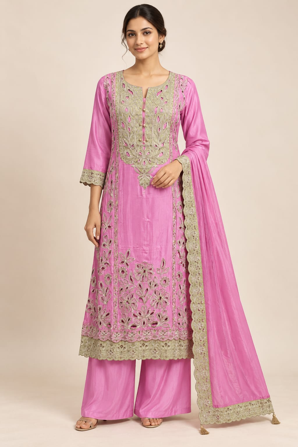 Pink Russian silk Tanchoi Jacquard Patch work Kurta Set
