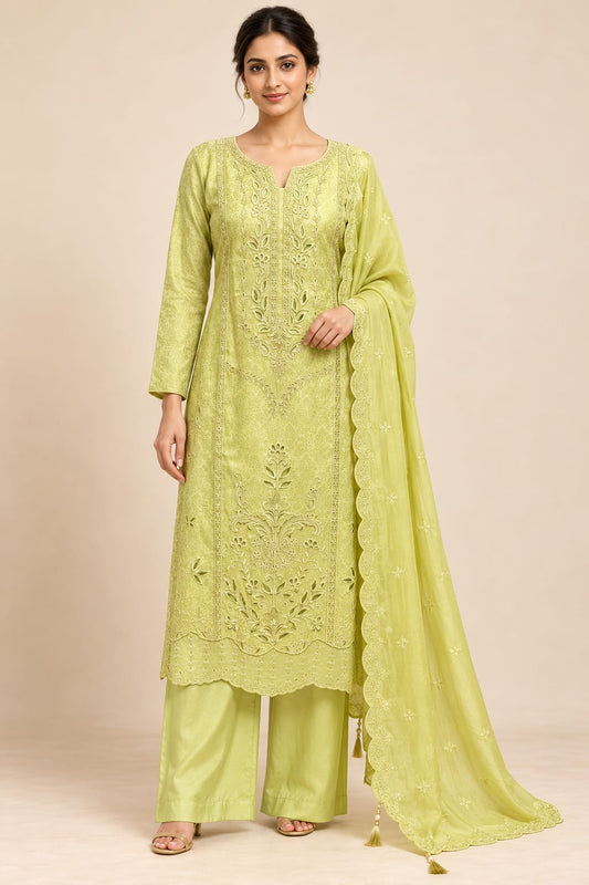 Lime Green Tanchoi Jacquard Embroidered A-Line Kurta Set