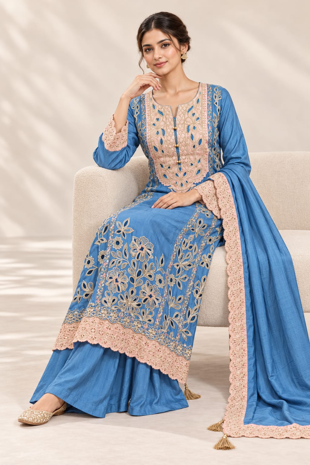 Blue Russian silk with embroidery and brocade patch Designer Suit Set