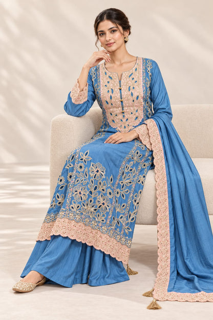 Blue Russian silk with embroidery and brocade patch Designer Suit Set